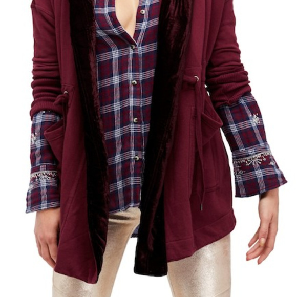NWT Free People Wine Velvet Trim Hooded Jacket - Picture 7 of 7